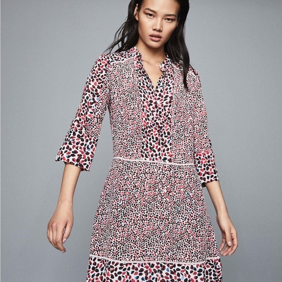 Reiss| Pretty Red White Blue Floral Patterned Knee Length 3/4 Sleeve Dress Sz 8 - Picture 1 of 6